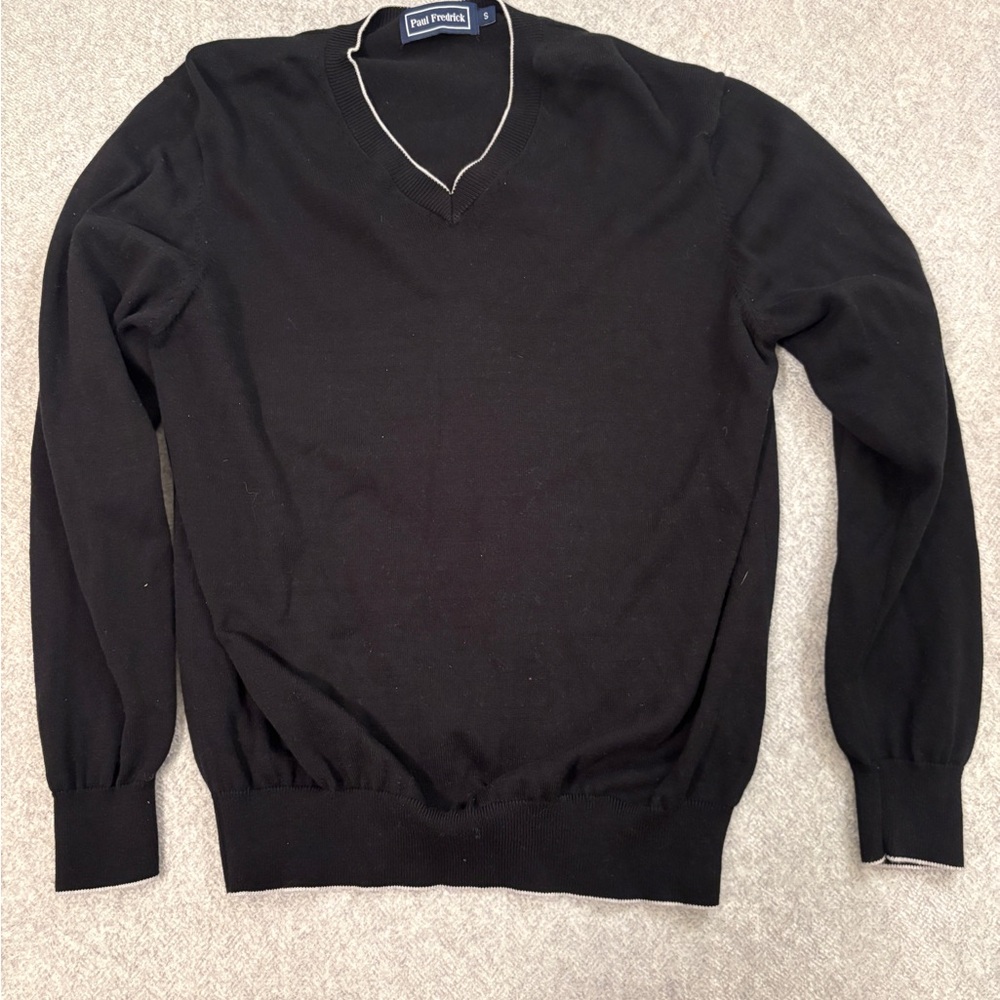 Paul Fredrick Black V-Neck Sweater with White Trim